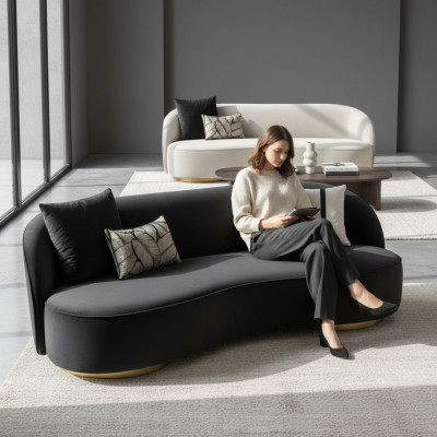 Meubles de canapés de luxe Salle de séjour Quatre places Noir Textile Mobilier Rond 4 places