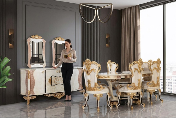 Ensemble de salle à manger de luxe 9 pièces. Table à manger + 6 chaises + Buffet avec miroir Blanc neuf
