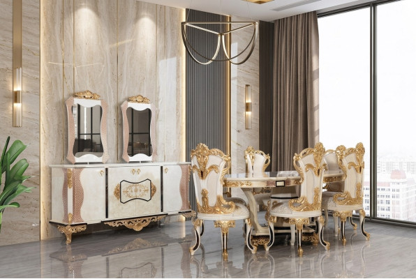 Ensemble de salle à manger de luxe 9 pièces. Table à manger + 6 chaises + Buffet avec miroir Blanc neuf