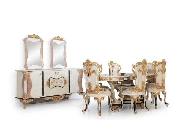 Ensemble de salle à manger de luxe 9 pièces. Table à manger + 6 chaises + Buffet avec miroir Blanc neuf