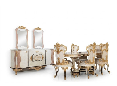 Ensemble de salle à manger de luxe 9 pièces. Table à manger + 6 chaises + Buffet avec miroir Blanc neuf