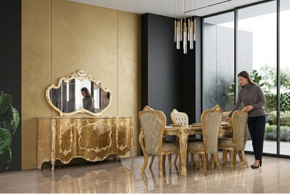 Luxe Salle à manger Ensemble Chaise 6x Buffet Miroir Groupe de salle à manger Complet