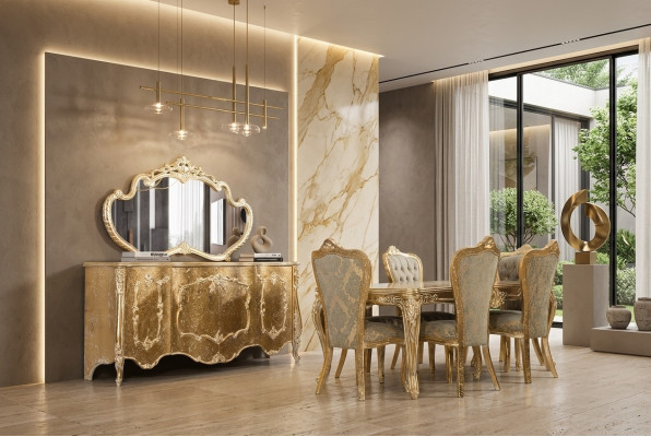 Luxe Salle à manger Ensemble Chaise 6x Buffet Miroir Groupe de salle à manger Complet