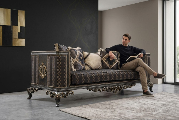 Style baroque rococo. Canapé design 3 places en tissu textile rembourré neuf.
