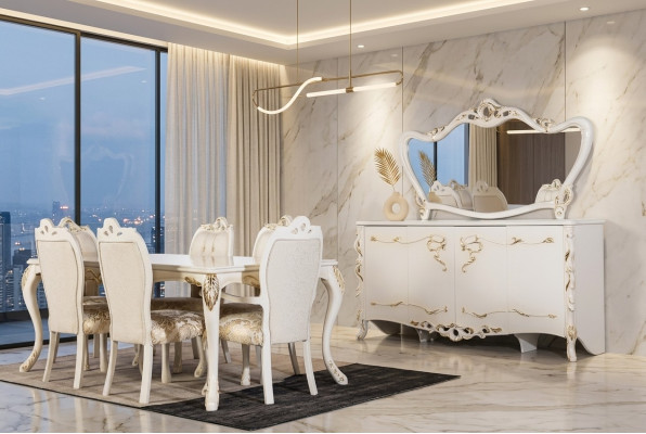 Ensemble de salle à manger 9 pièces. Table de luxe 6x chaises Buffet Miroir Nouveaux meubles