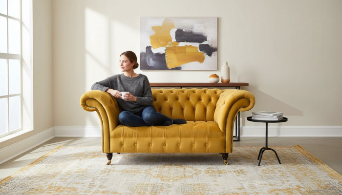 Fauteuil Chesterfield Ensemble de meubles 2x Fauteuil une place Canapé Canapé Textile jaune