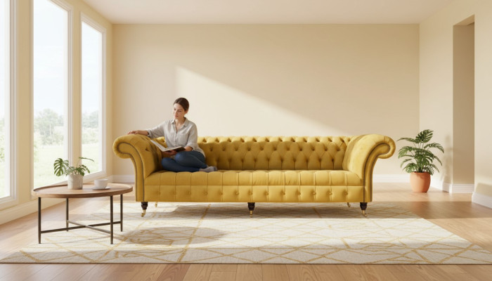Élégant canapé design 4 places Canapé en tissu de luxe Chesterfield jaune