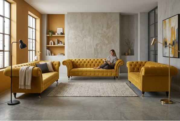 Ensemble de canapé Chesterfield jaune en tissu, ensemble de sièges, ensemble complet.