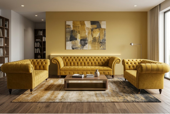 Ensemble de canapé Chesterfield jaune en tissu, ensemble de sièges, ensemble complet.