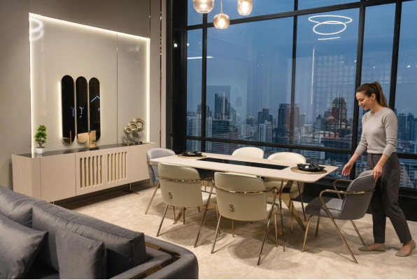 Ensemble de salle à manger de luxe : Table à manger + 6 chaises + Buffet avec miroir