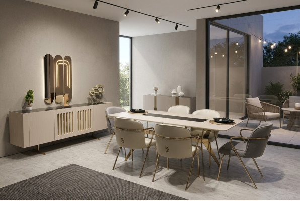 Ensemble de salle à manger de luxe : Table à manger + 6 chaises + Buffet avec miroir