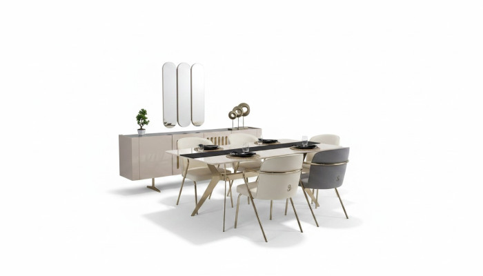 Ensemble de salle à manger de luxe : Table à manger + 6 chaises + Buffet avec miroir