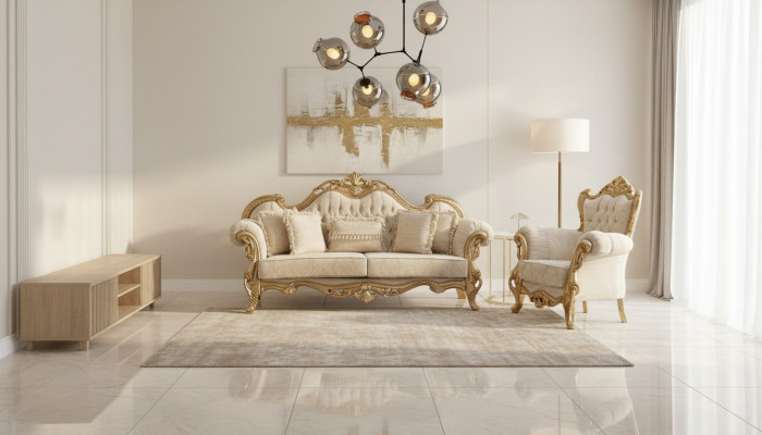 Canapé et fauteuil Chesterfield en beige dans un design de luxe de haute qualité