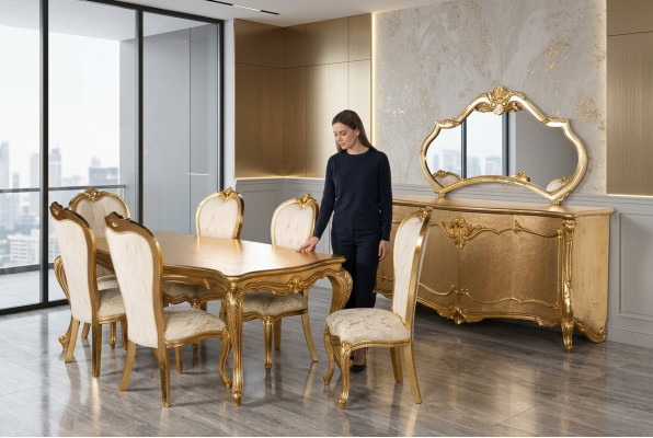 Salle à manger Ensemble Table 6x Chaises Buffet Miroir Ensemble à manger 9pcs