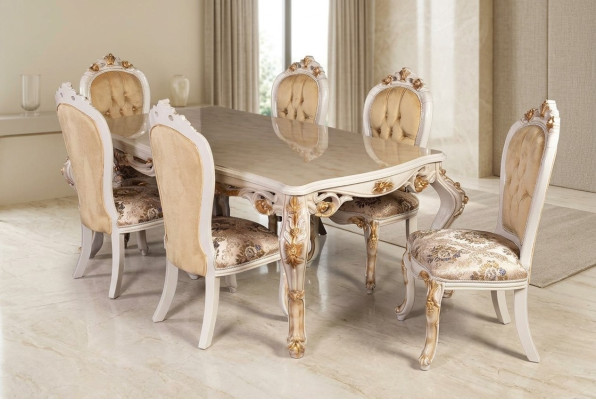 Mobilier de salle à manger classique beige Table à manger de designer avec fauteuils lounge Chesterfield