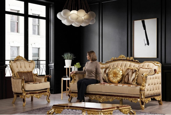Ensemble de canapé Canapé Baroque Rococo Canapés Textile Canapé Chesterfield Table 3 pièces.