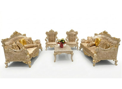 Ensemble de canapé beige composé de 5 pièces. Table basse, canapé, mobilier de canapé.