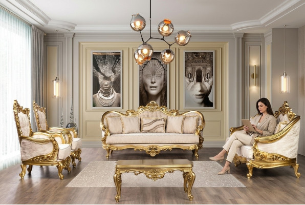 Ensemble de canapés en or Ensemble de canapé 5 pièces avec table basse Chesterfield Baroque