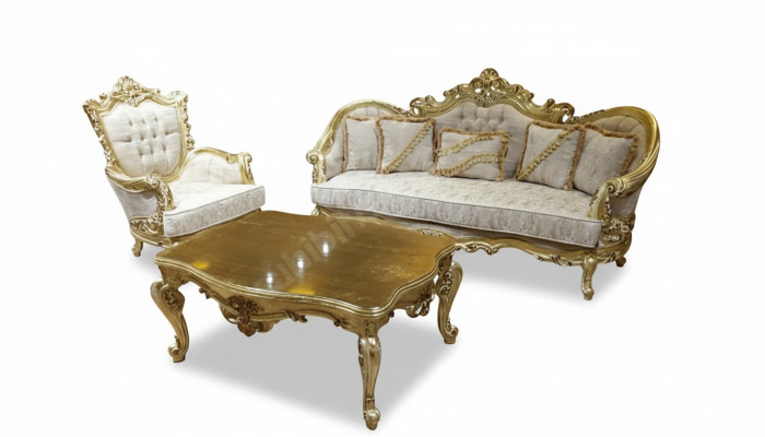 Ensemble de canapé 3+1 place Luxueux Table basse dorée Salon 3 pièces.