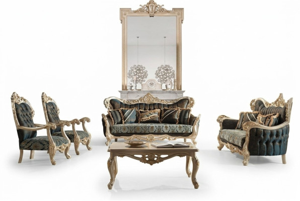 Ensemble de canapé Sofa Couch Baroque Rococo Set Table basse Turquoise 5 pièces. or