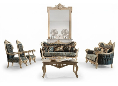 Ensemble de canapé Sofa Couch Baroque Rococo Set Table basse Turquoise 5 pièces. or