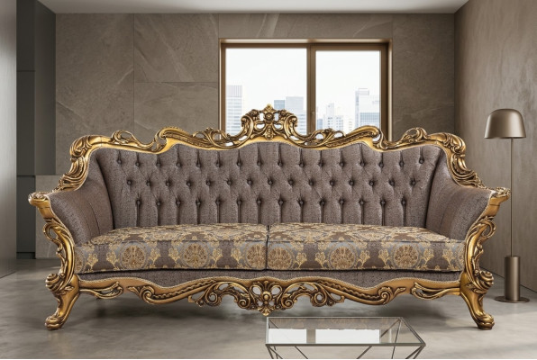 Canapé Chesterfield classique à trois places avec cadre doré.