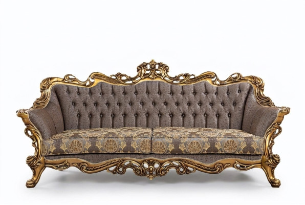 Canapé Chesterfield classique à trois places avec cadre doré.
