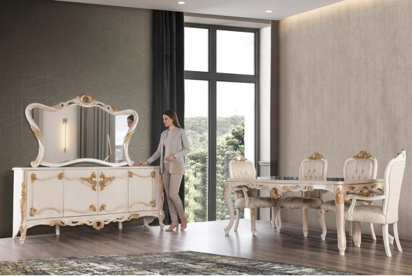Table de salle à manger Suite Groupe Table de salle à manger Chaise Ensemble Buffet Miroir 6pcs