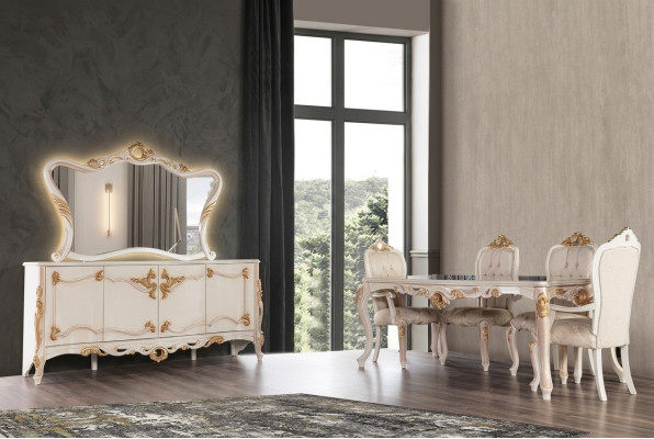 Table de salle à manger Suite Groupe Table de salle à manger Chaise Ensemble Buffet Miroir 6pcs
