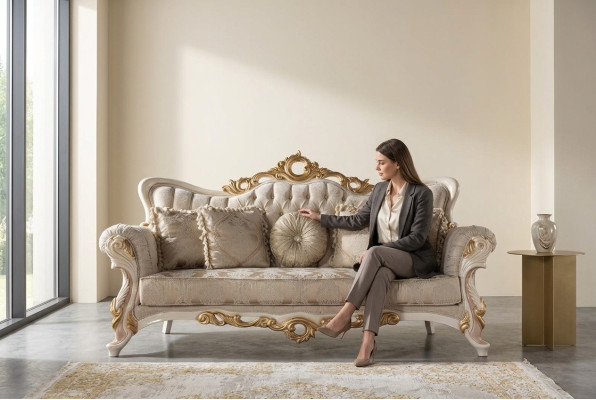Chesterfield Baroque Canapé Mobilier Canapé en Tissu Or Trois Places