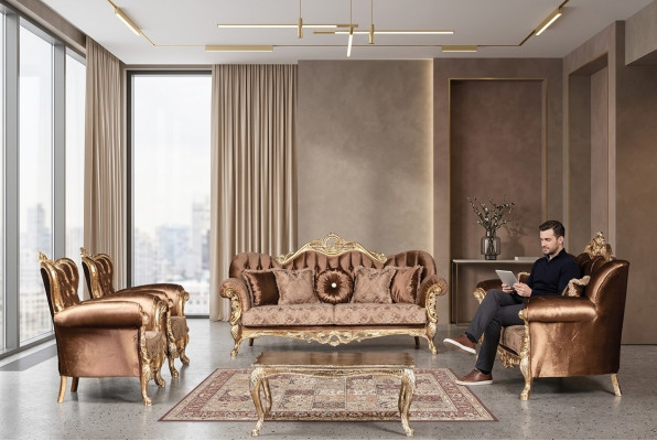 Ensemble de canapé en velours doré Chesterfield Ensemble de canapé en bois 5 pièces