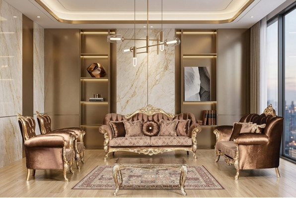 Ensemble de canapé en velours doré Chesterfield Ensemble de canapé en bois 5 pièces