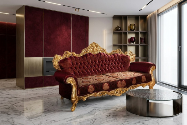 Canapé trois places de luxe en velours rouge baroque rembourré mobilier nouveau