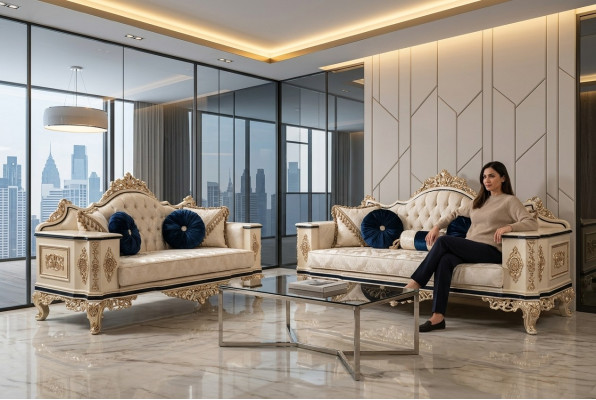 Canapé Chesterfield ensemble 3+1 de luxe en 2 parties. Canapé en tissu pour salon.