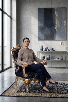 Fauteuil de luxe classique trône chaise baroque velours bleu or
