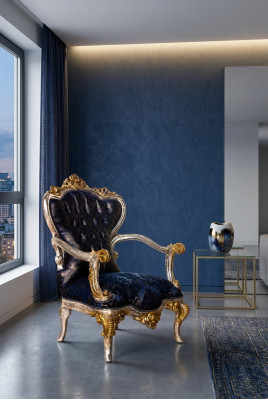 Fauteuil de luxe classique trône chaise baroque velours bleu or