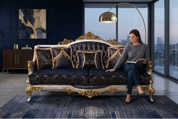 Canapé trois places style baroque en velours avec cadre doré nouveau meubles de canapé
