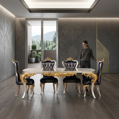 Exquis ensemble de salle à manger doré. Table à manger avec x4 chaises Chesterfield. Meubles de luxe.