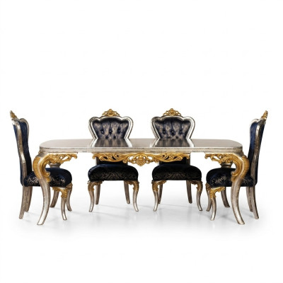 Exquis ensemble de salle à manger doré. Table à manger avec x4 chaises Chesterfield. Meubles de luxe.
