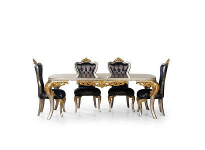 Exquis ensemble de salle à manger doré. Table à manger avec x4 chaises Chesterfield. Meubles de luxe.