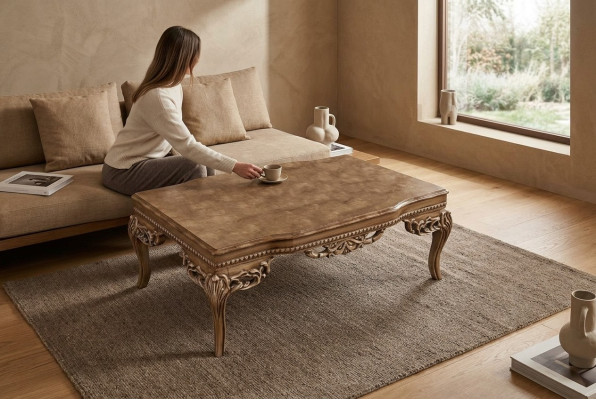 pour le salon Table basse Art Déco en bois de couleur claire avec des pieds sculptés neufs