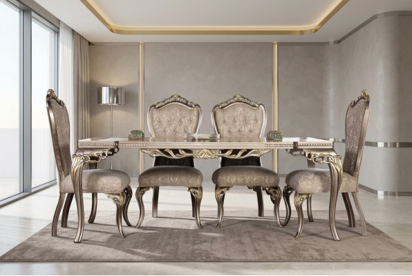 Chaises de luxe Chesterfield marron, table à manger designer exclusive, meubles de salle à manger.