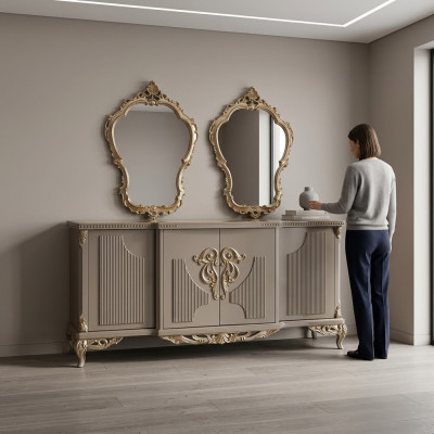 Buffet avec miroir en bois brun taupe Bahut Armoire Buffet Haut 2 pièces