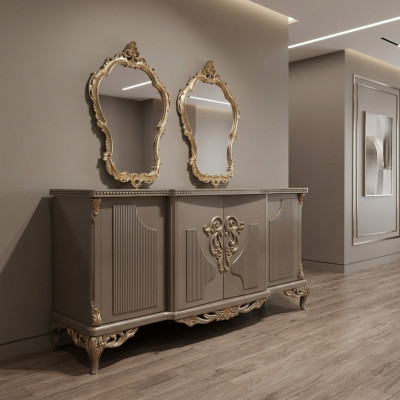 Buffet avec miroir en bois brun taupe Bahut Armoire Buffet Haut 2 pièces