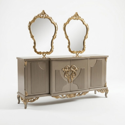 Buffet avec miroir en bois brun taupe Bahut Armoire Buffet Haut 2 pièces