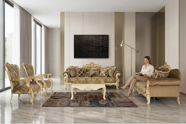 ensemble de canapés exclusif de couleur beige de style baroque-rococo 3 + 3 + 1 + 1 + table basse