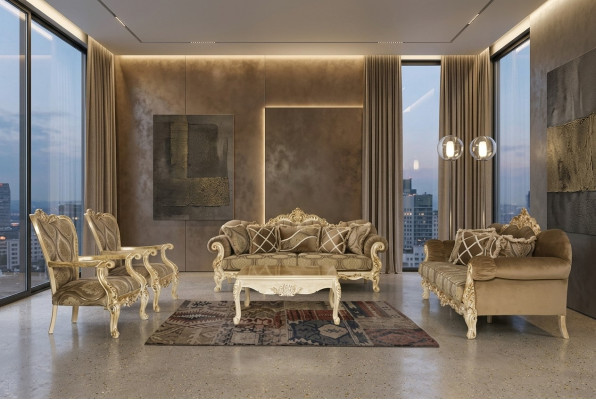 ensemble de canapés exclusif de couleur beige de style baroque-rococo 3 + 3 + 1 + 1 + table basse