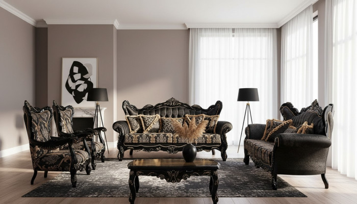 Mobilier baroque noir Ensemble de canapés Canapé Canapé Rembourrage Meuble Table 5 pièces