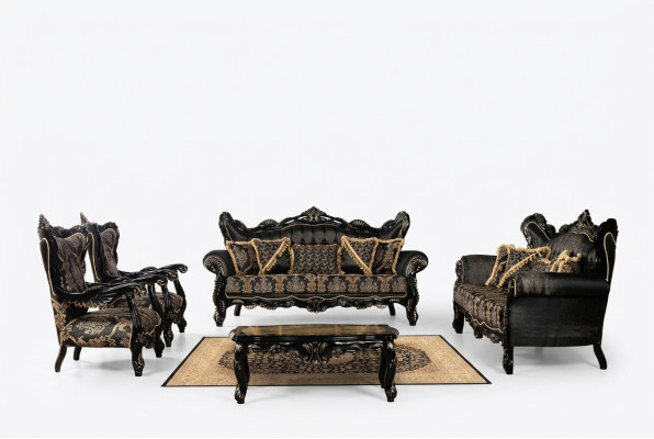 Mobilier baroque noir Ensemble de canapés Canapé Canapé Rembourrage Meuble Table 5 pièces