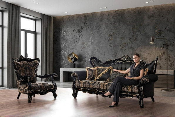 Ensemble de canapé 2 pièces pour le salon 3+1 places, canapé noir et fauteuil motif doré